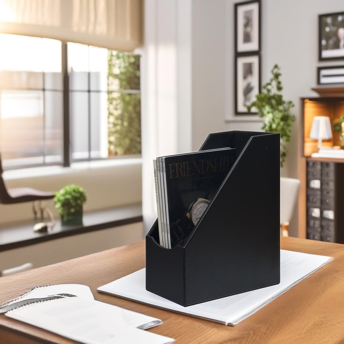 Magazine File Holder, Leatherette Desktop Document Organizer