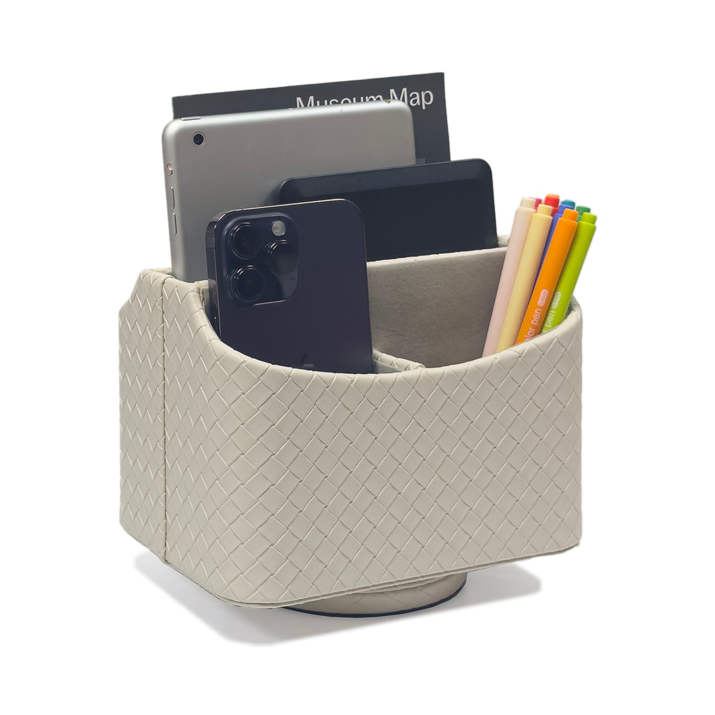 UnionBasic Rotating Desk Organizer, 360 Degree Desk Spinning Caddy, Woven Pattern Faux Leather