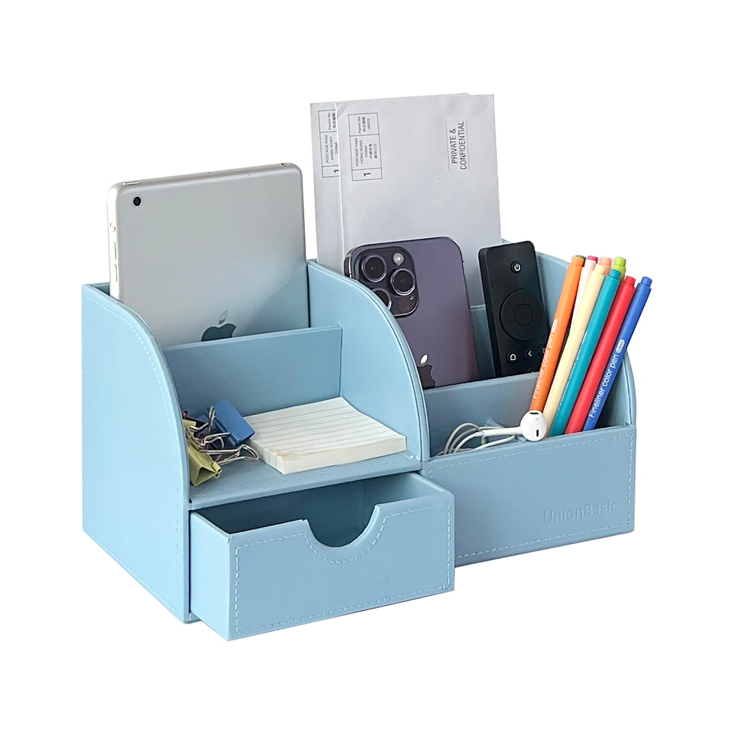 UnionBasic Desk Organizer, Multifunctional Office Leather Desktop Pen Holder Storage Box, Blue