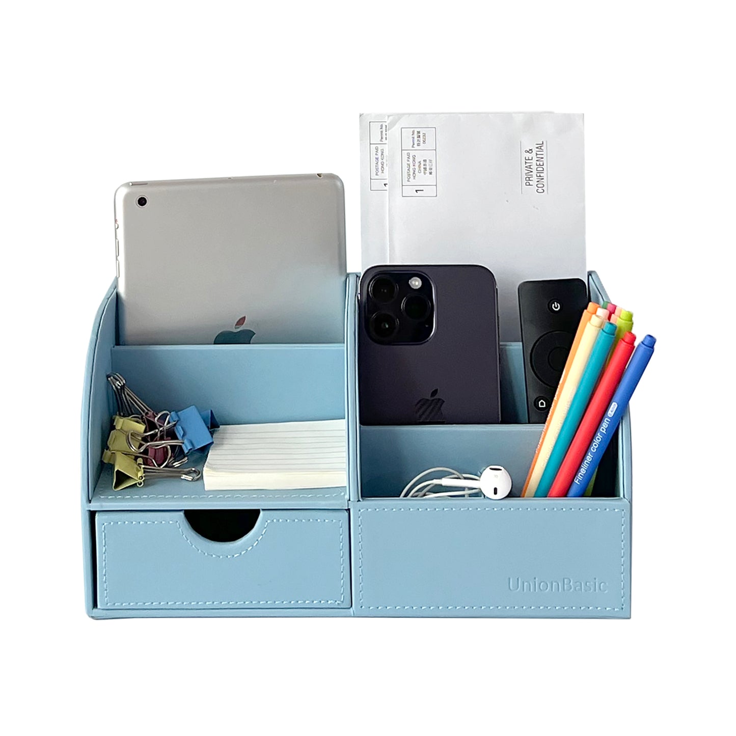 UnionBasic Desk Organizer, Multifunctional Office Leather Desktop Pen Holder Storage Box, Blue