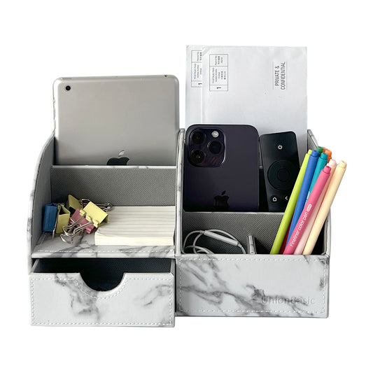 UnionBasic Desk Organizer, Multifunctional Office Leather Desktop Pen Holder Storage Box, Marble White