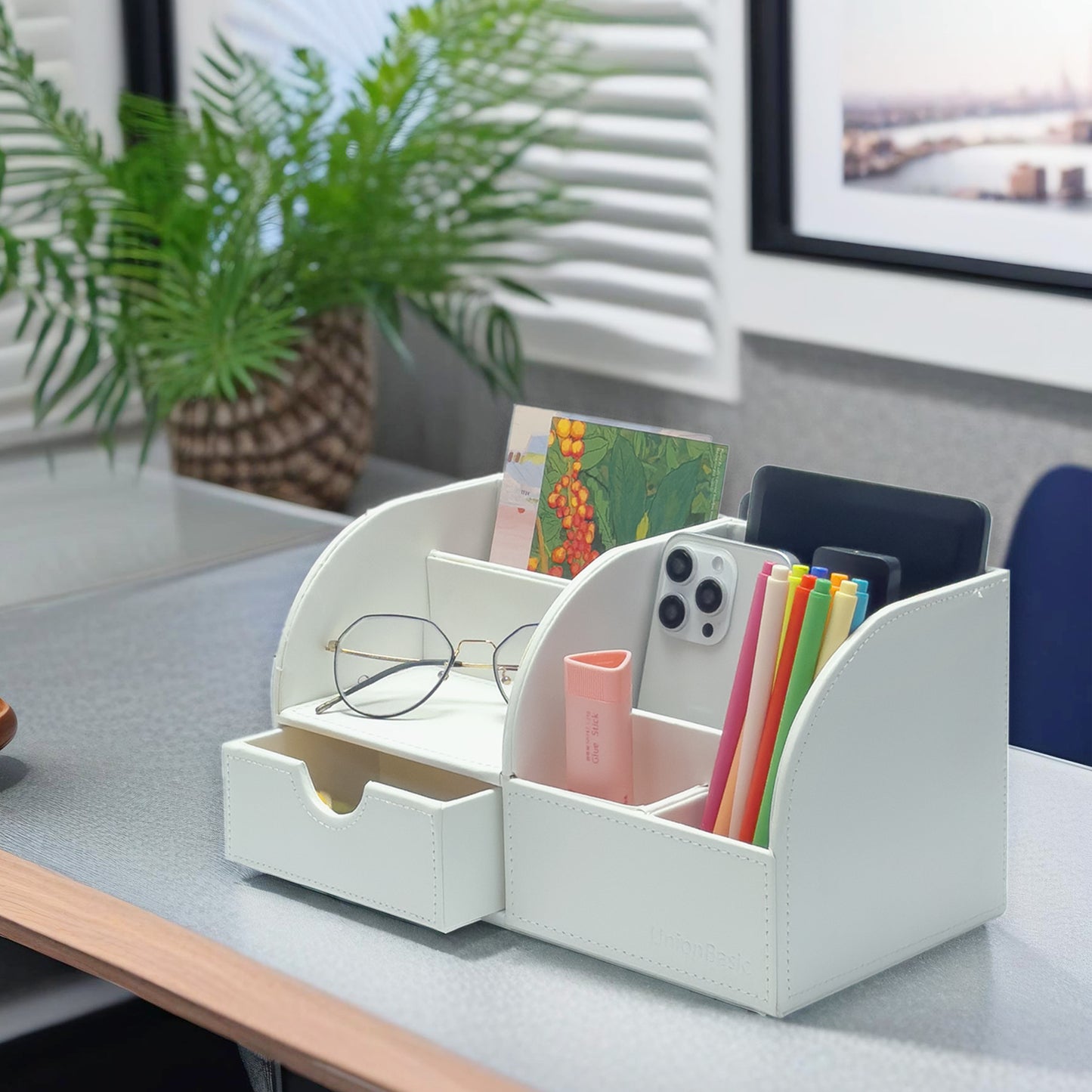 UnionBasic Desk Organizer, Multifunctional Office Leather Desktop Pen Holder Storage Box