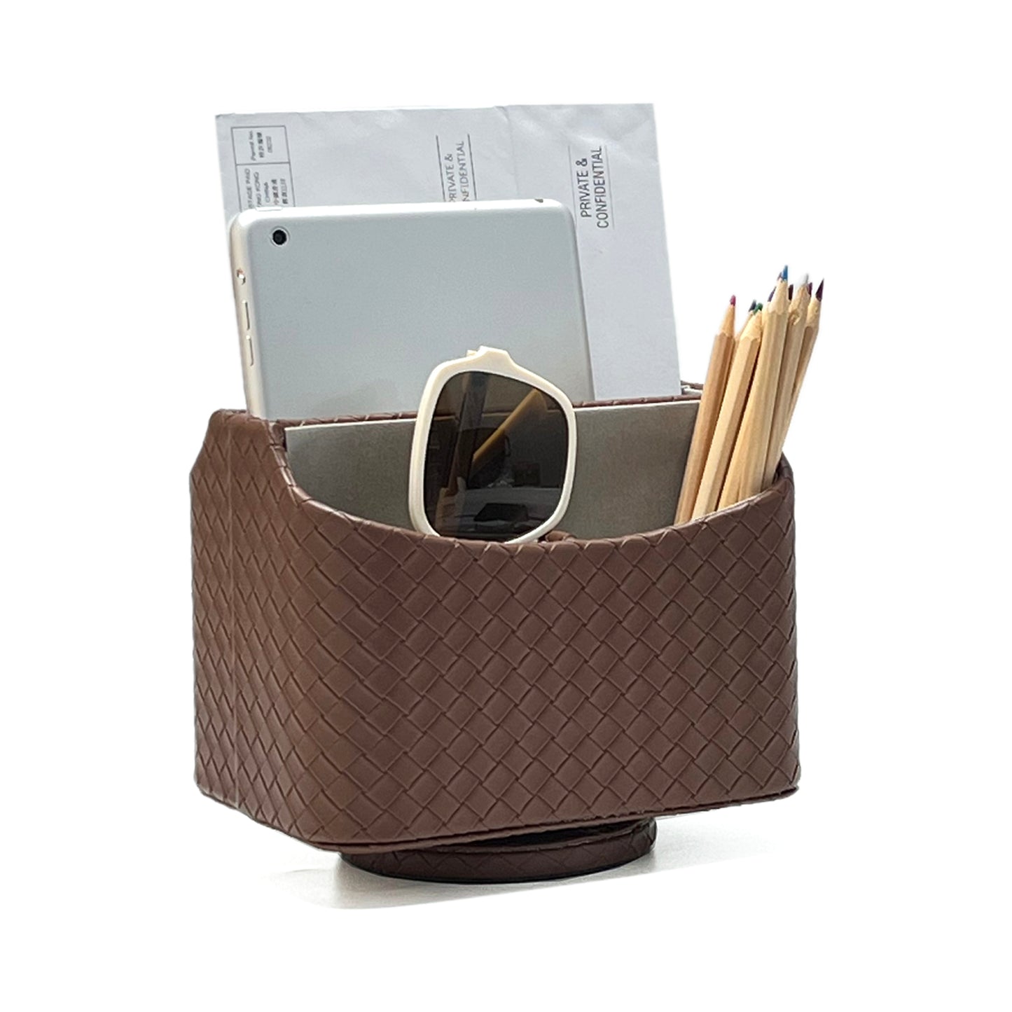 UnionBasic Rotating Desk Organizer, 360 Degree Desk Spinning Caddy, Woven Pattern Faux Leather