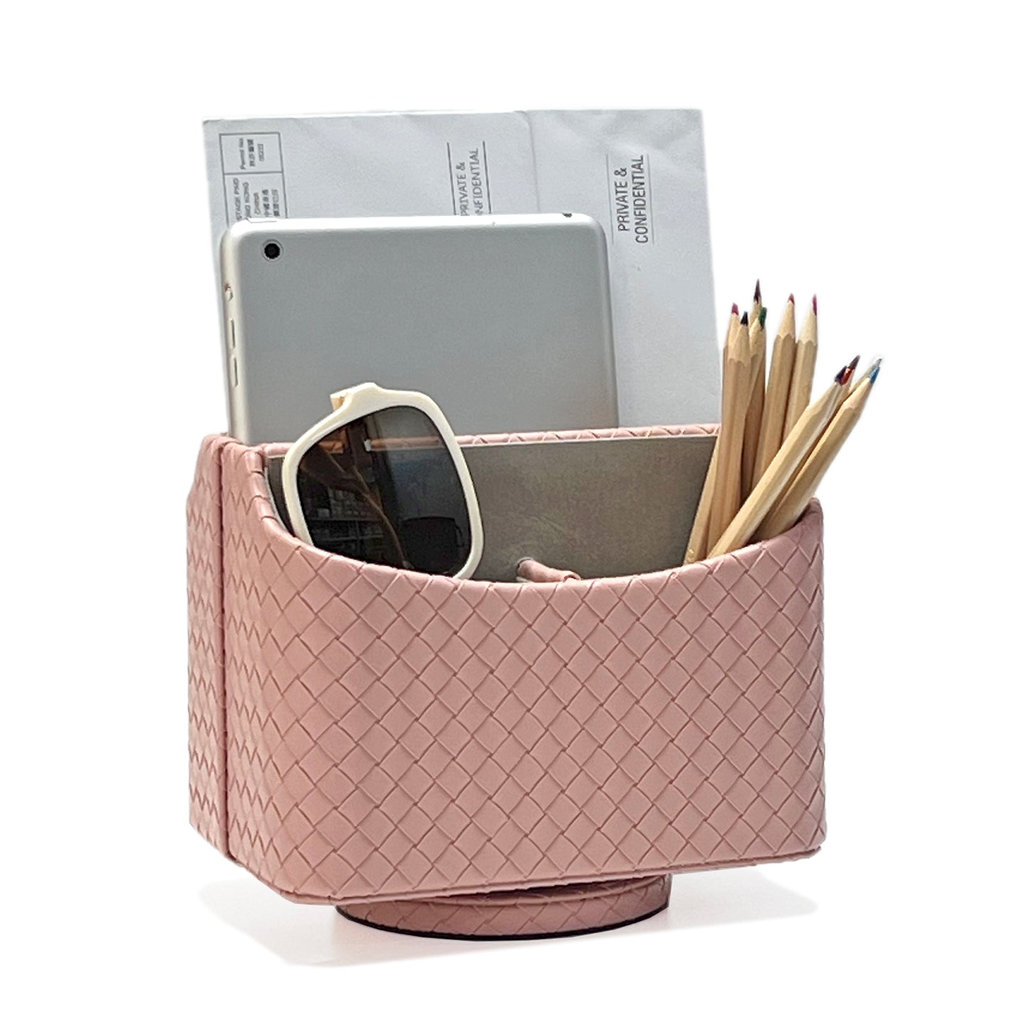 UnionBasic Rotating Desk Organizer, 360 Degree Desk Spinning Caddy, Woven Pattern Faux Leather