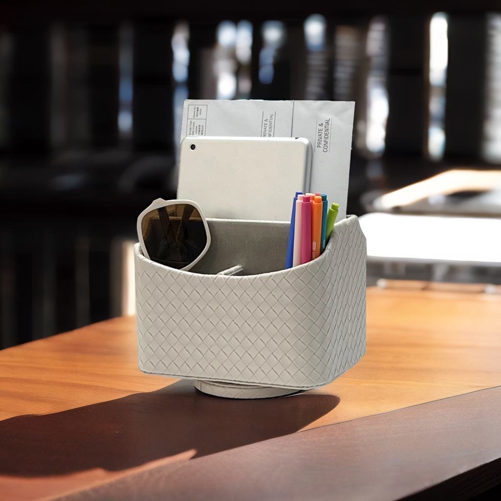 UnionBasic Rotating Desk Organizer, 360 Degree Desk Spinning Caddy, Woven Pattern Faux Leather